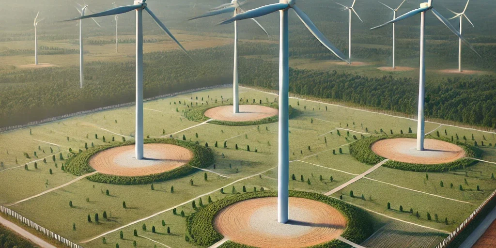 DALL·E 2025-03-24 09.55.08 – A scenic landscape showing three modern wind turbines on a grassy field. Each turbine stands on a separate plot of land clearly demarcated with visibl