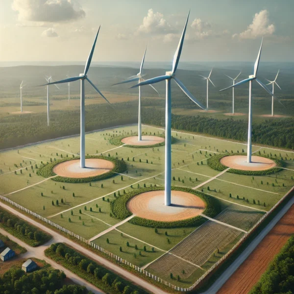 DALL·E 2025-03-24 09.55.08 – A scenic landscape showing three modern wind turbines on a grassy field. Each turbine stands on a separate plot of land clearly demarcated with visibl