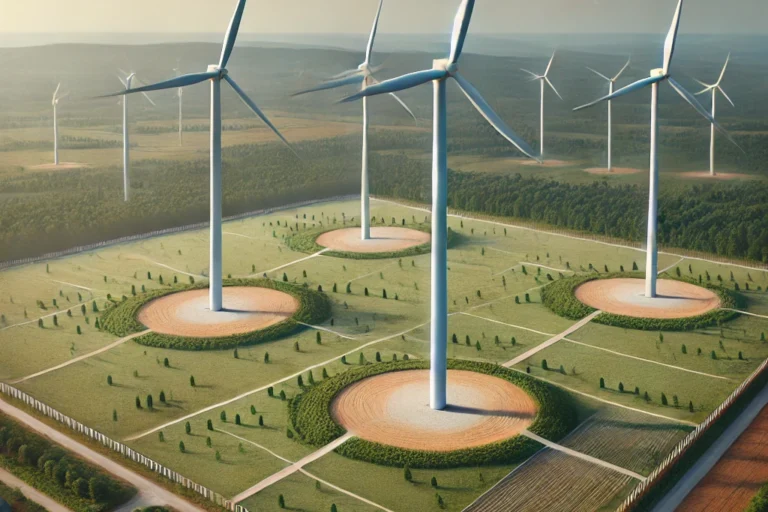 DALL·E 2025-03-24 09.55.08 – A scenic landscape showing three modern wind turbines on a grassy field. Each turbine stands on a separate plot of land clearly demarcated with visibl
